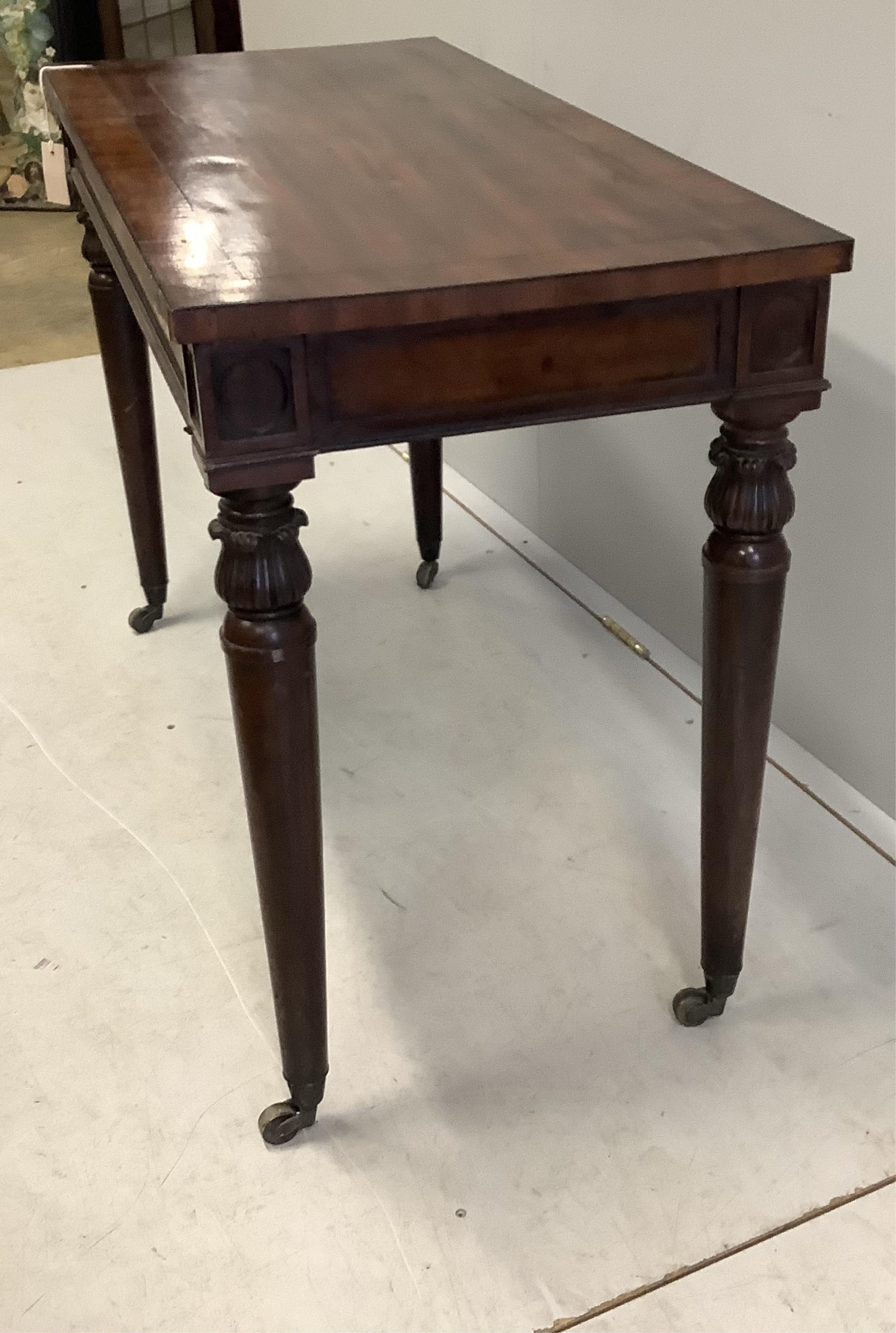 A George III rectangular mahogany side table, width 106cm, depth 48cm, height 73cm. Condition - fair